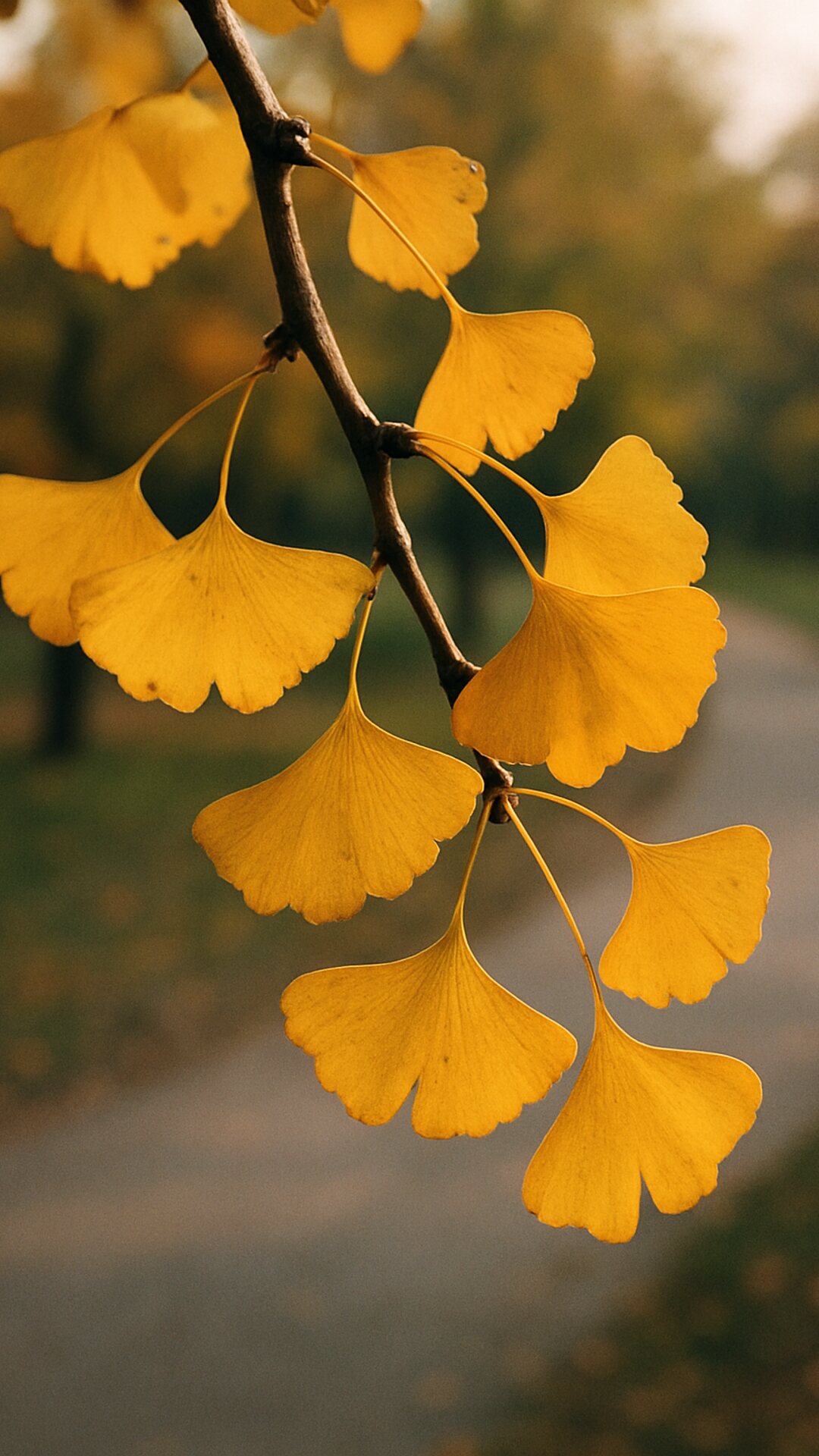A ginkgo tree branch with golden-yellow autumn fan leaves backlit by the sun