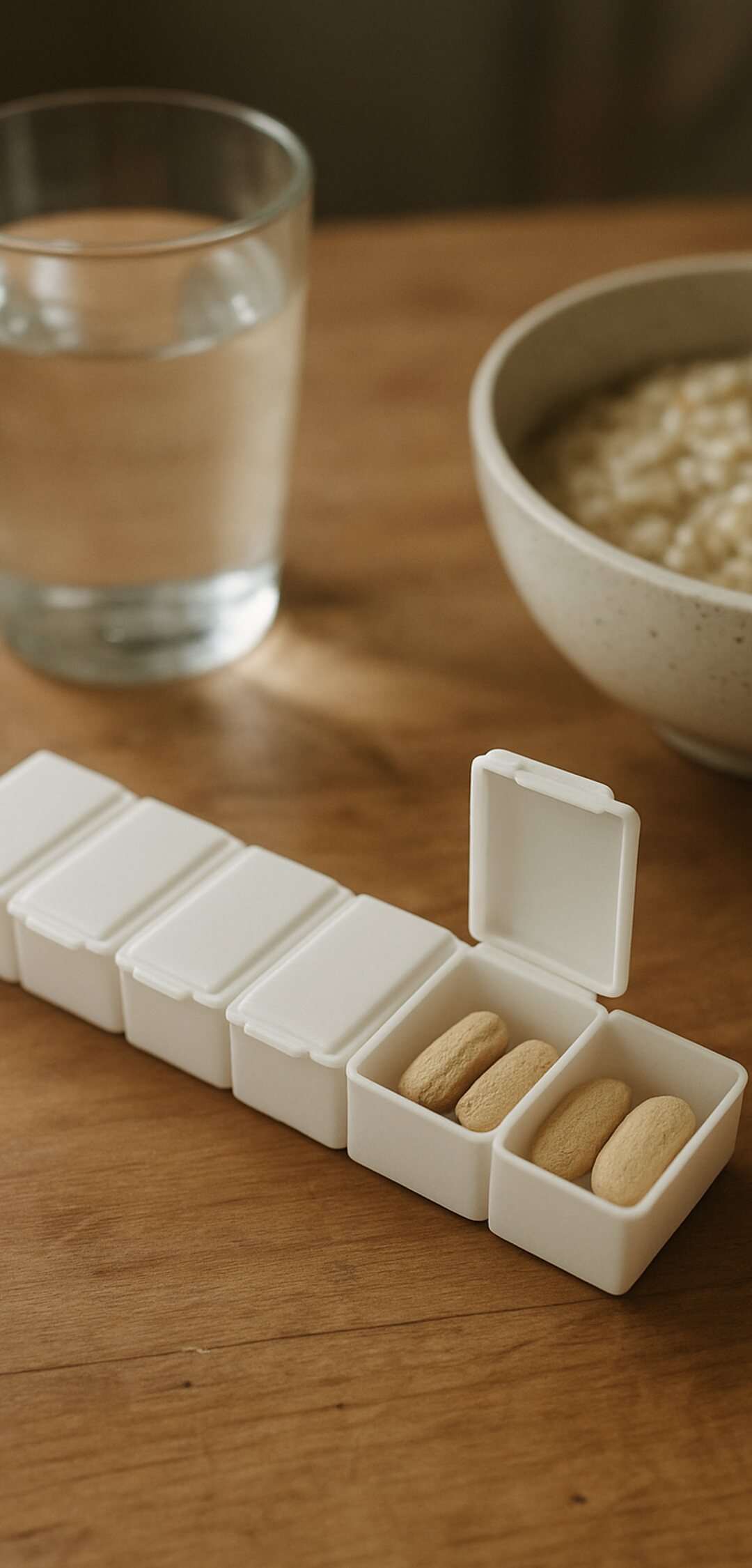 A weekly pill organizer with four multivitamin tablets beside water and a bowl of oatmeal