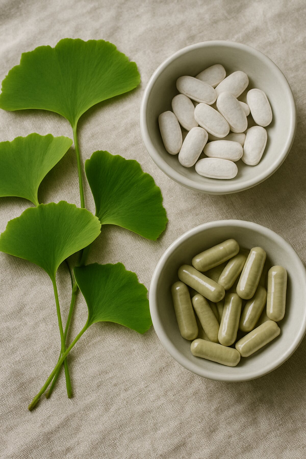 Fresh ginkgo biloba leaves beside a dish of white multivitamin tablets and green ginkgo capsules